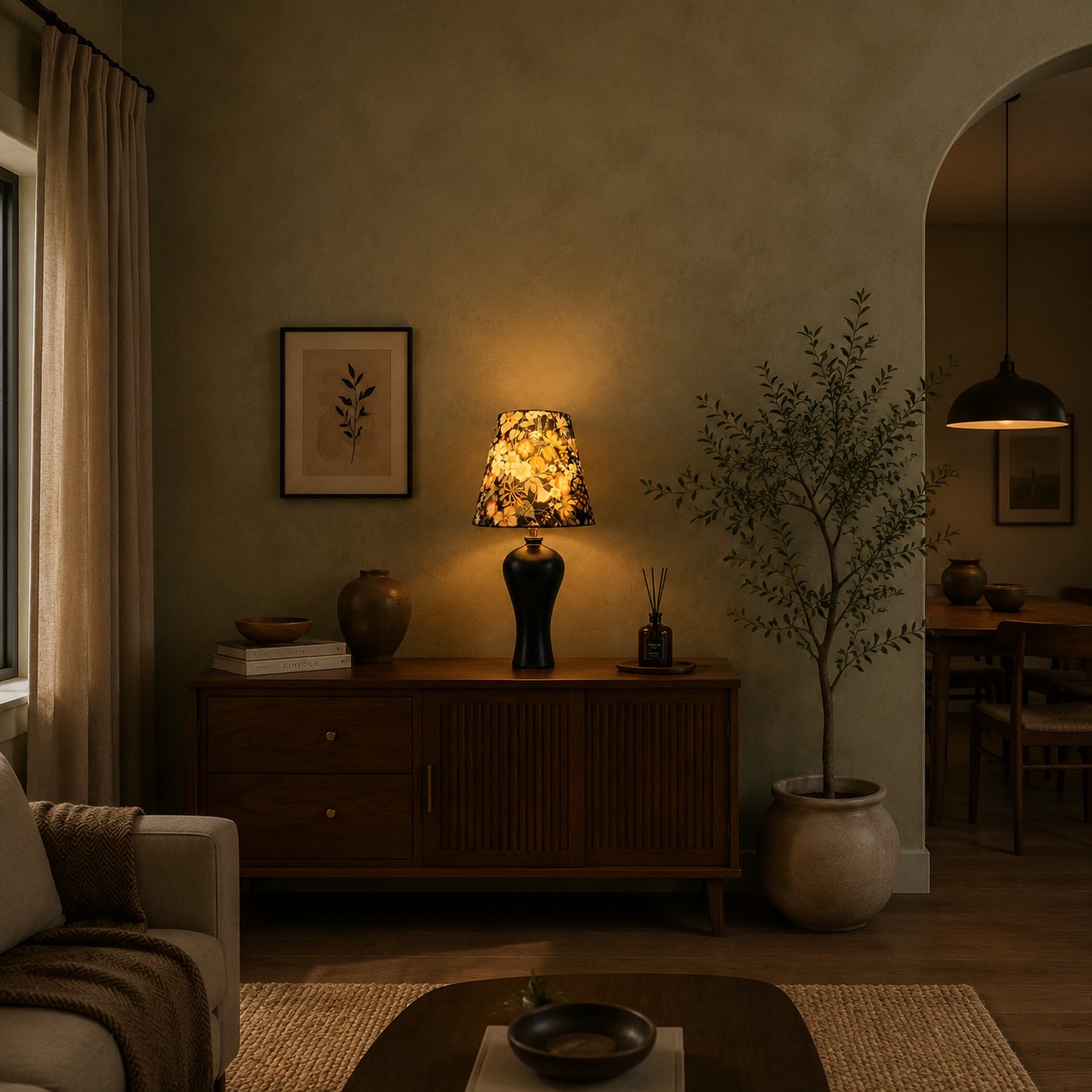 Black floral fabric table lamp styled in a living room
