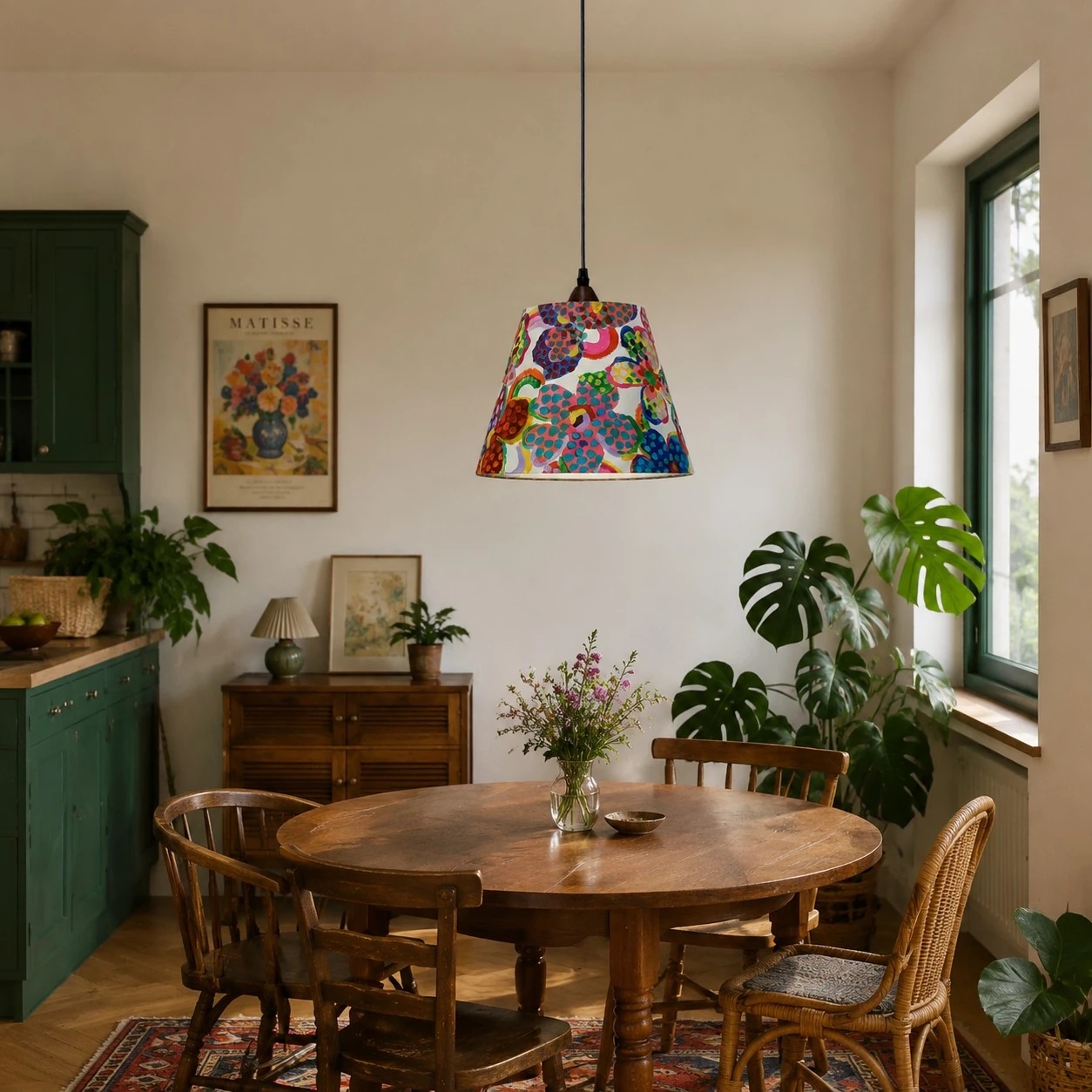Floral fabric pendant lamp over dining table