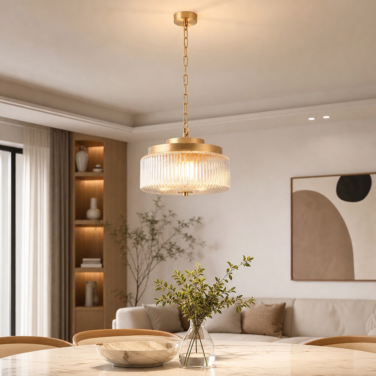 Antique brass ribbed glass ceiling light in an interior setting