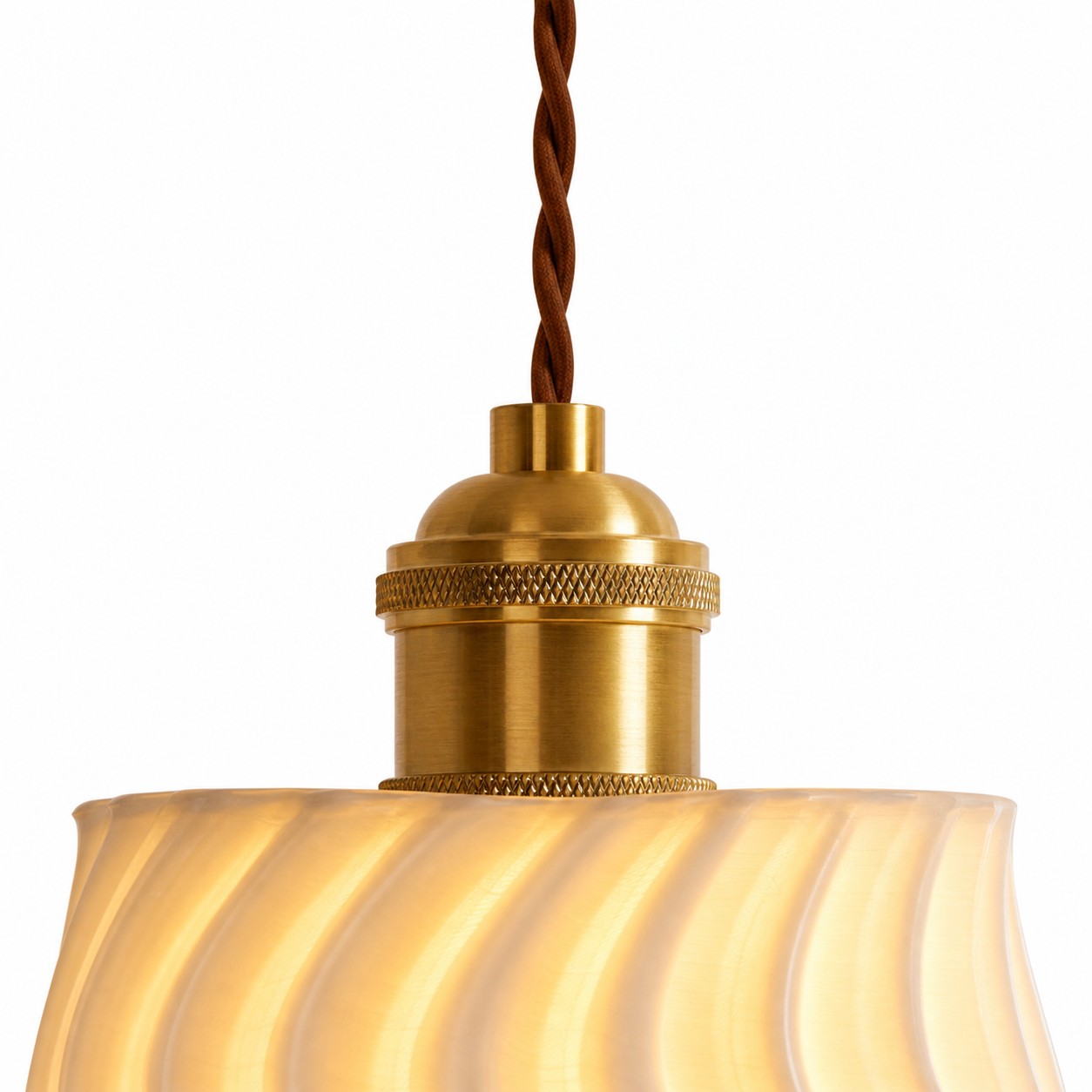 Brass tone fitting and braided hanging cord detail