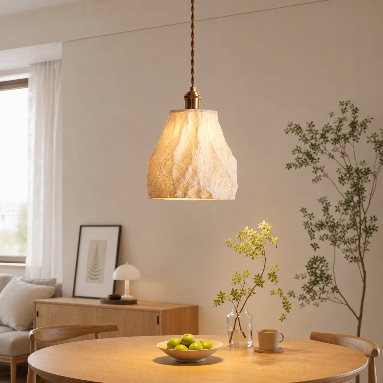 Ceramic pendant lamp installed above a warm dining table scene
