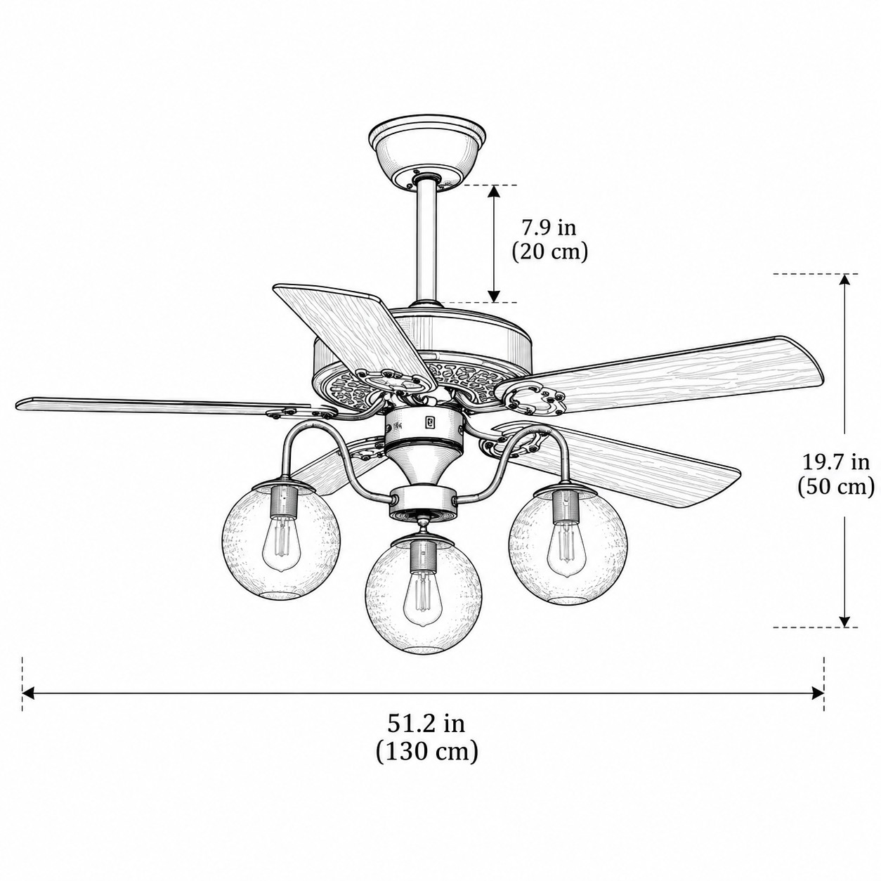 3-flammig / 130 cm (51,2 Zoll)