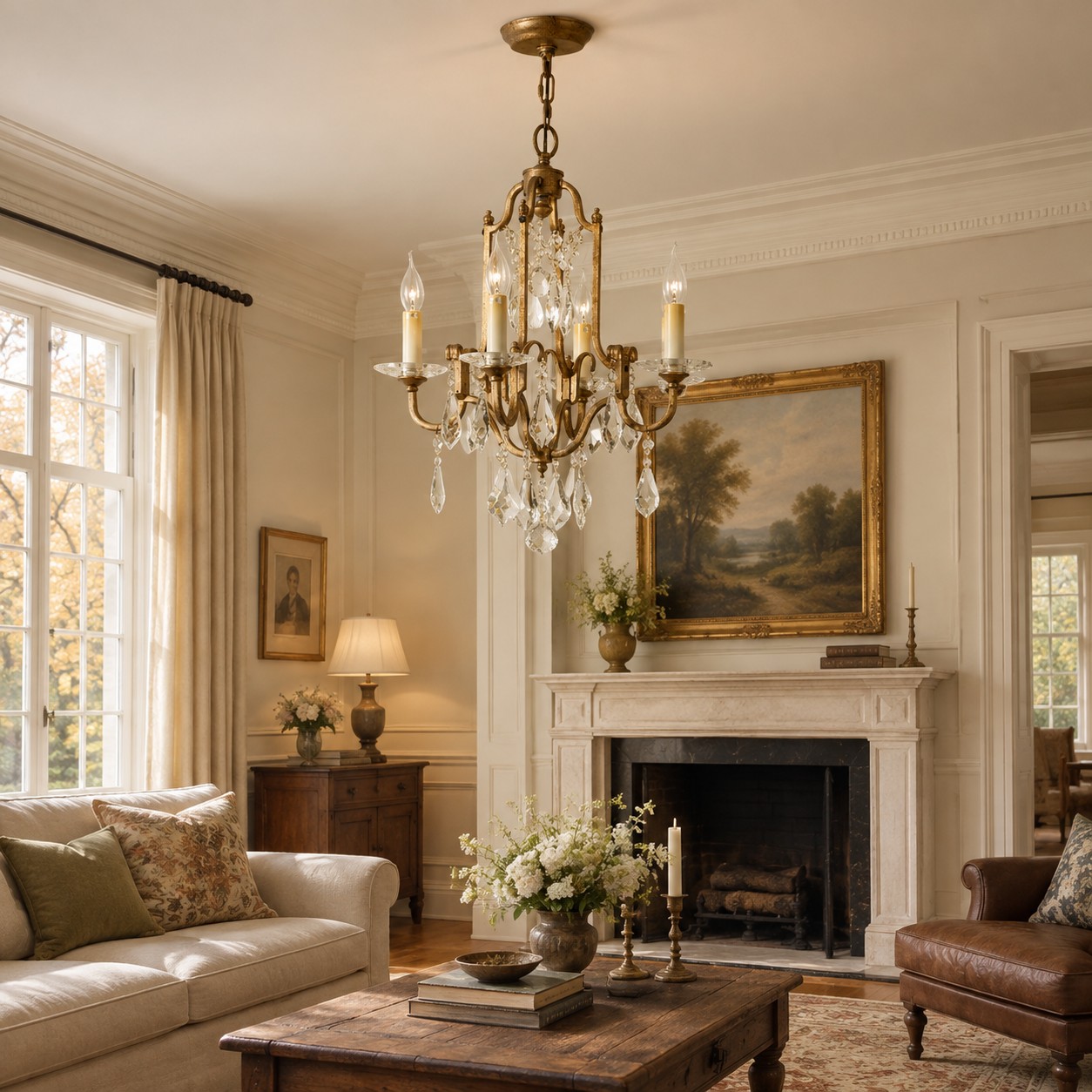 Antique Bronze 4-Light Crystal Mini Chandelier in a room setting