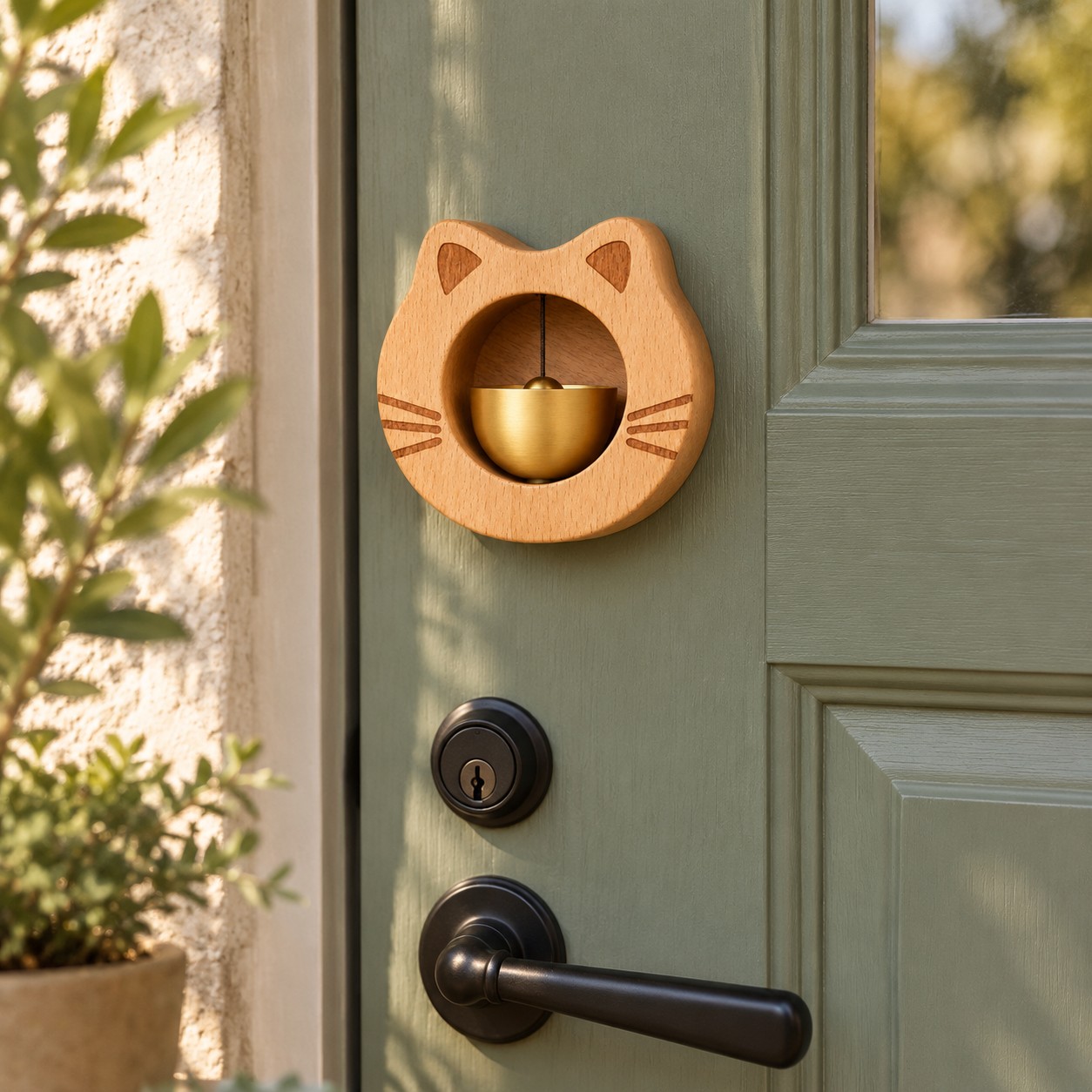 Cat door chime on a sage front door