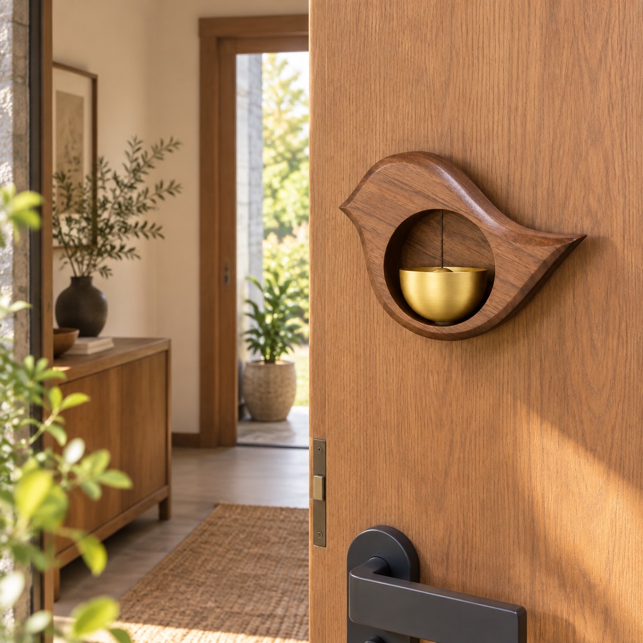 Bird door chime on a wood entry door