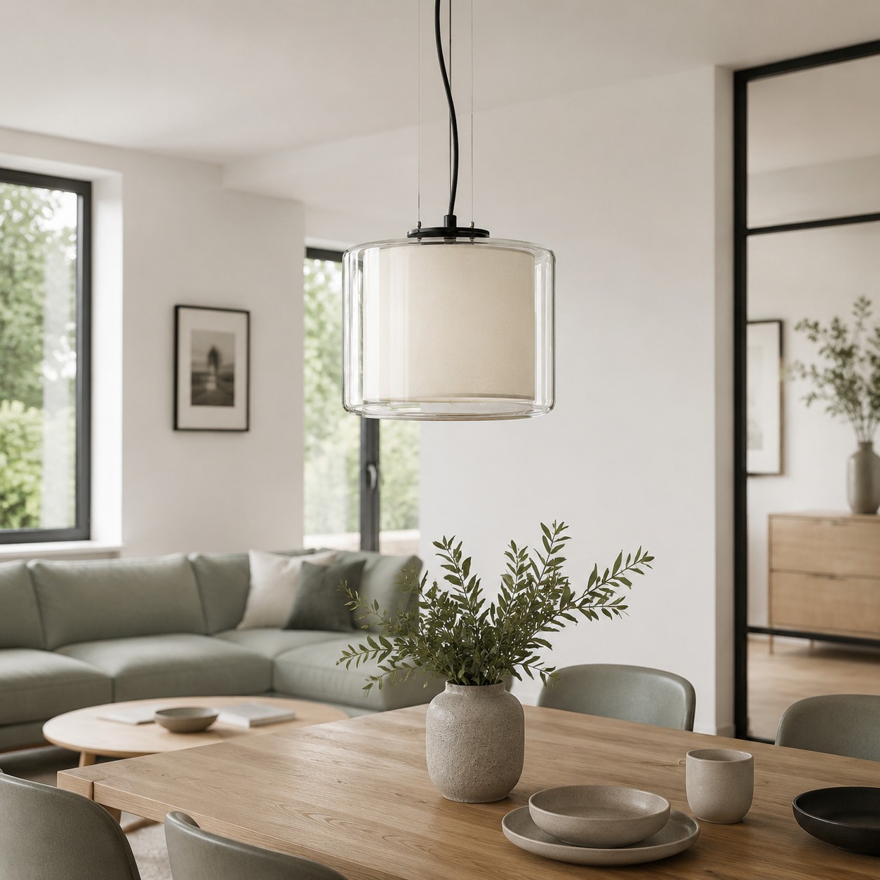 Lámpara colgante Mercer color blanco perla en una sala de estar.