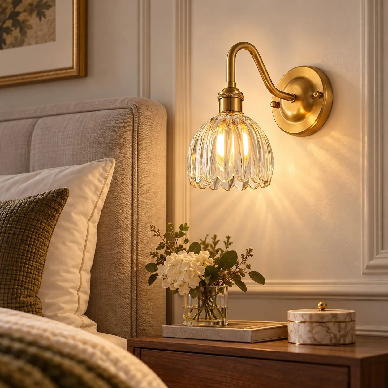 Lámpara de pared vintage de latón con forma de flor y cristal en un ambiente interior.