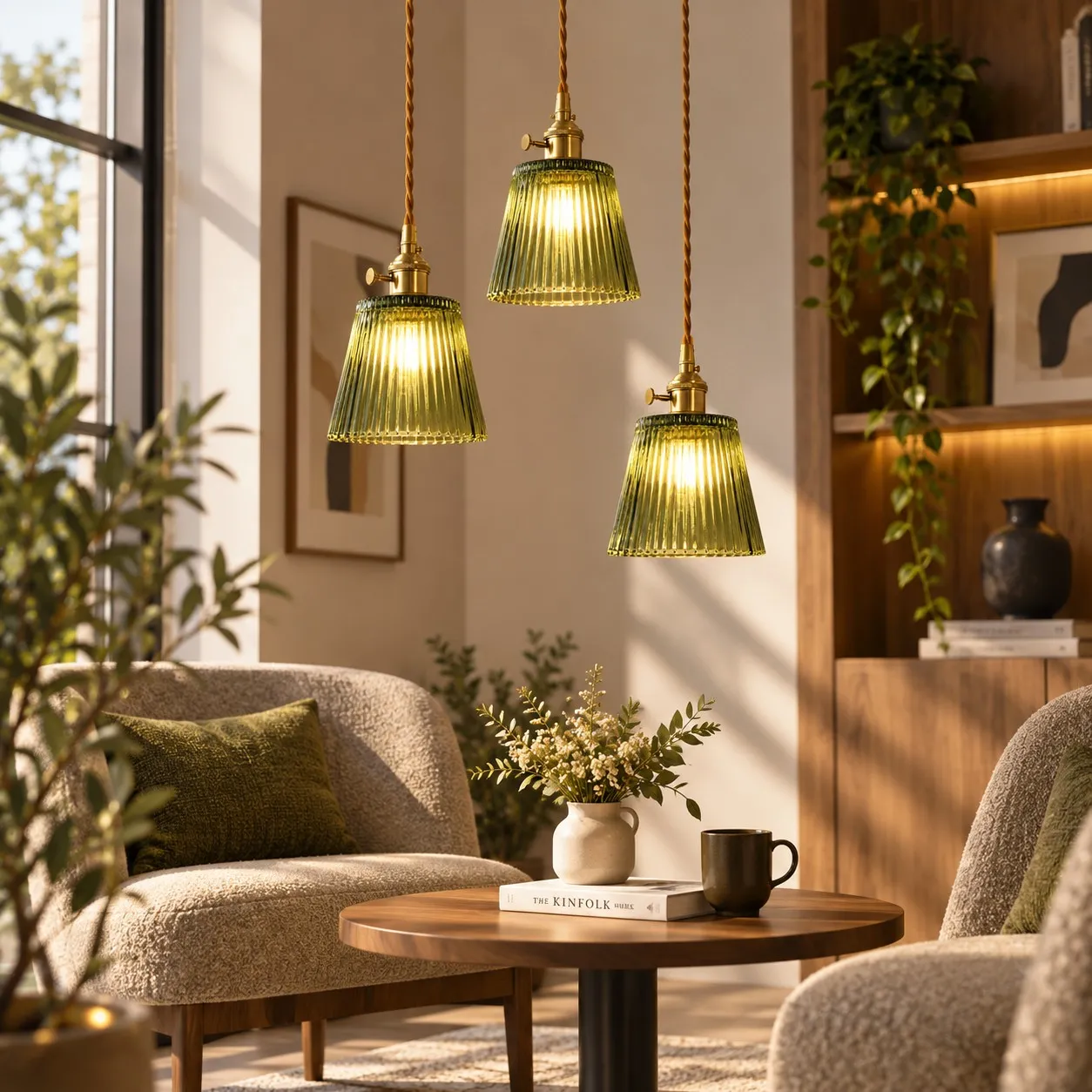 Suspension en laiton nordique et verre coloré dans un cadre intérieur