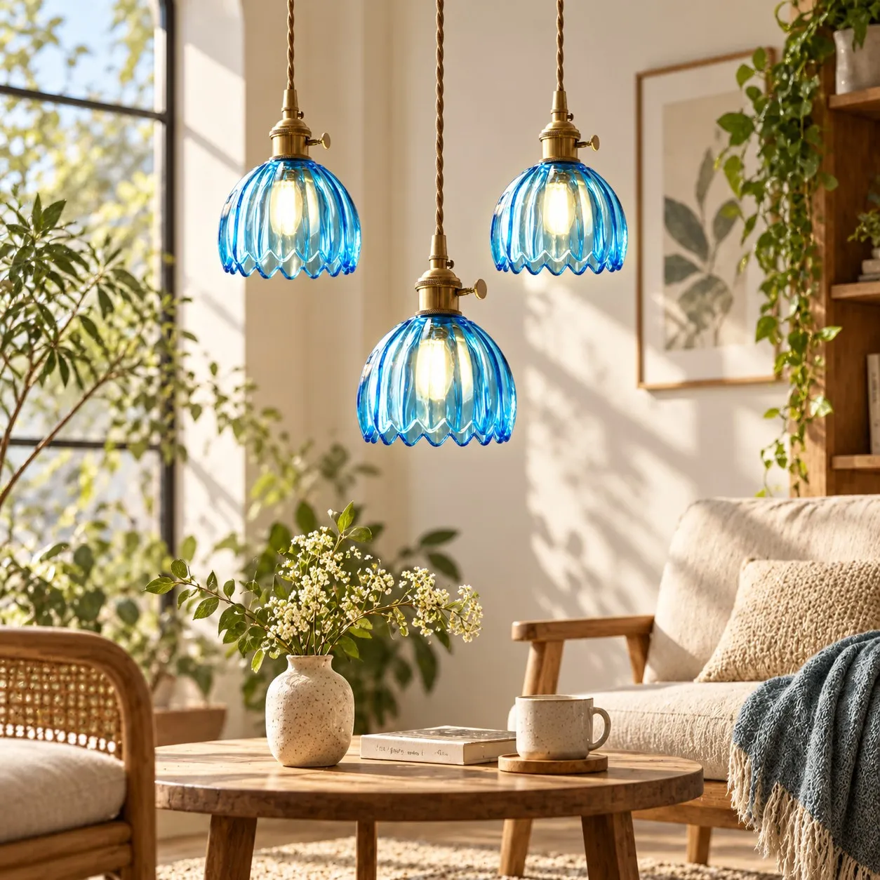 Lampada a sospensione nordica in vetro con fiori colorati, ideale per interni.