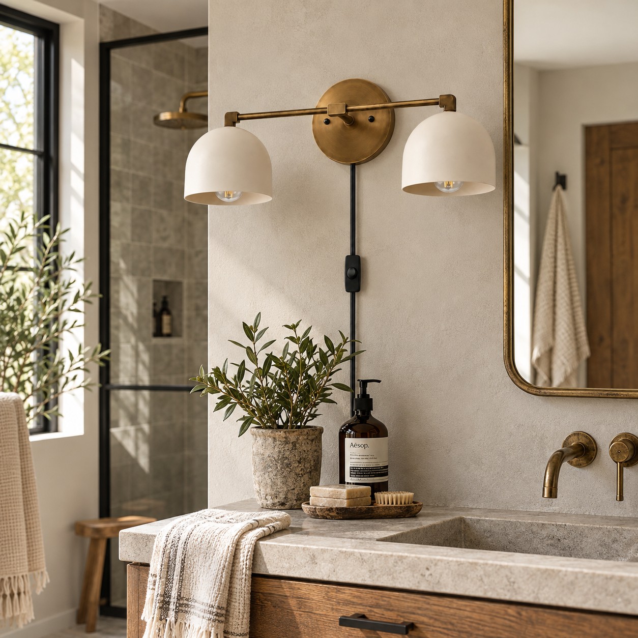 Antique brass and white dome wall lamp above a bathroom sink