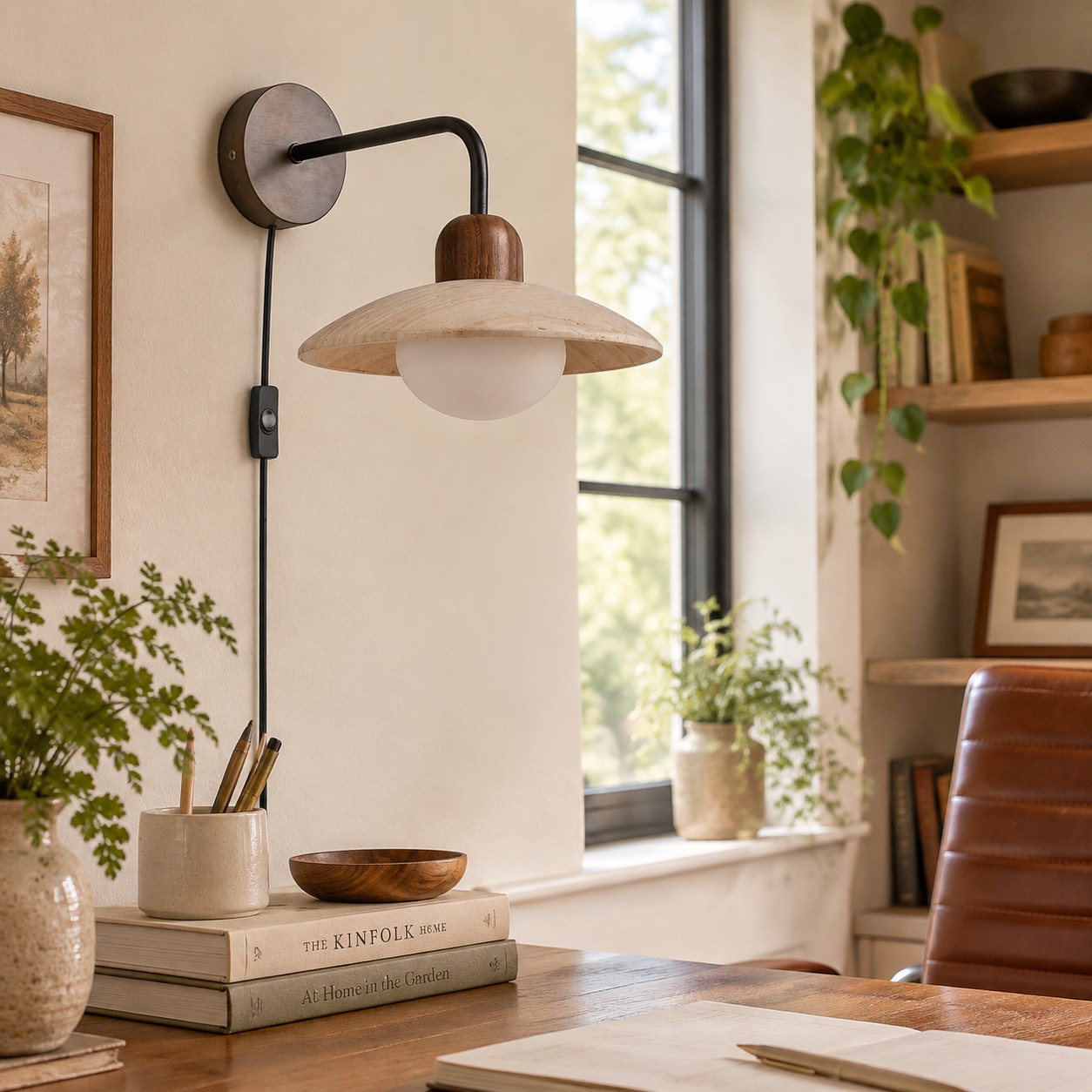 Black and beige travertine wall lamp above a study desk