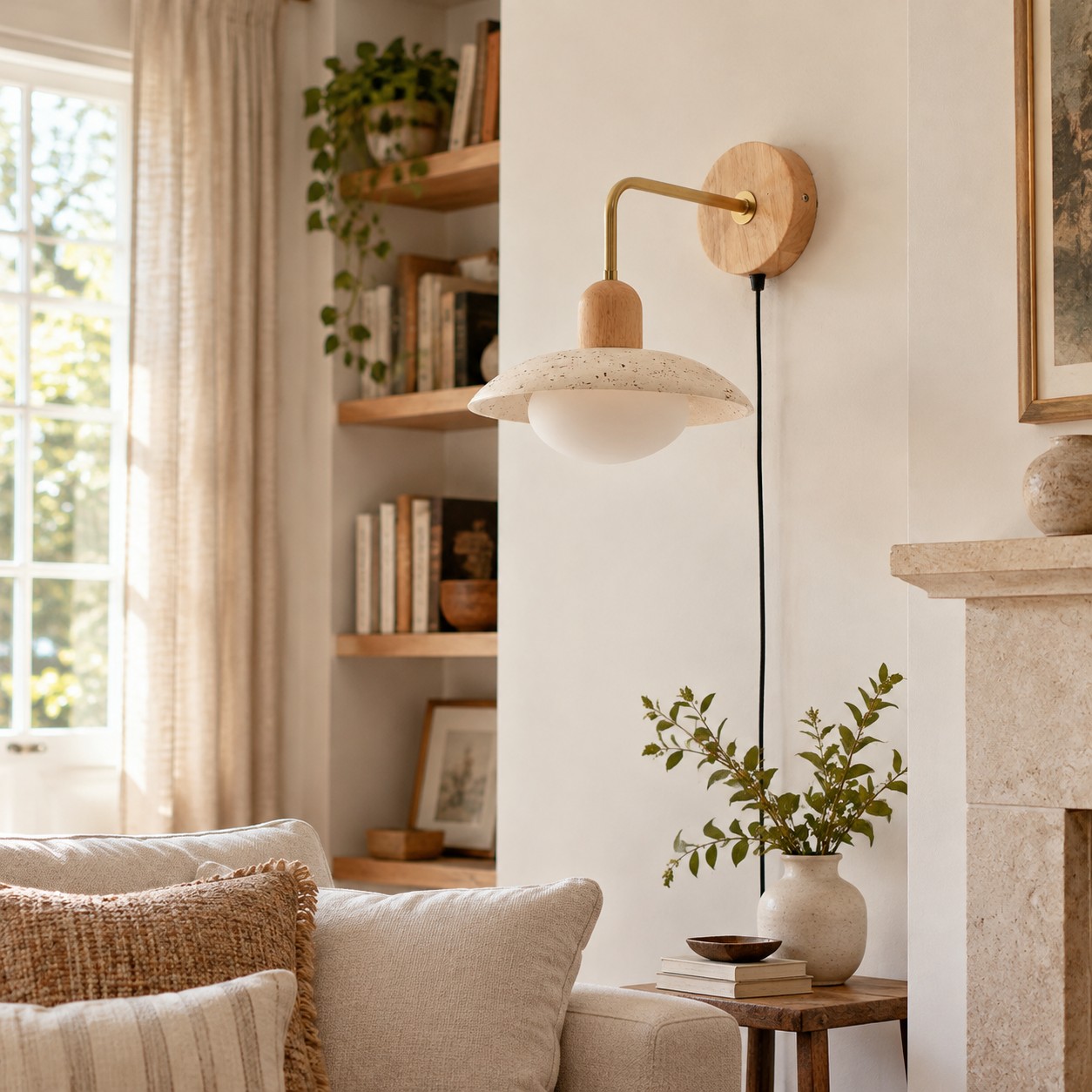 Gold and beige travertine wall lamp in a living room