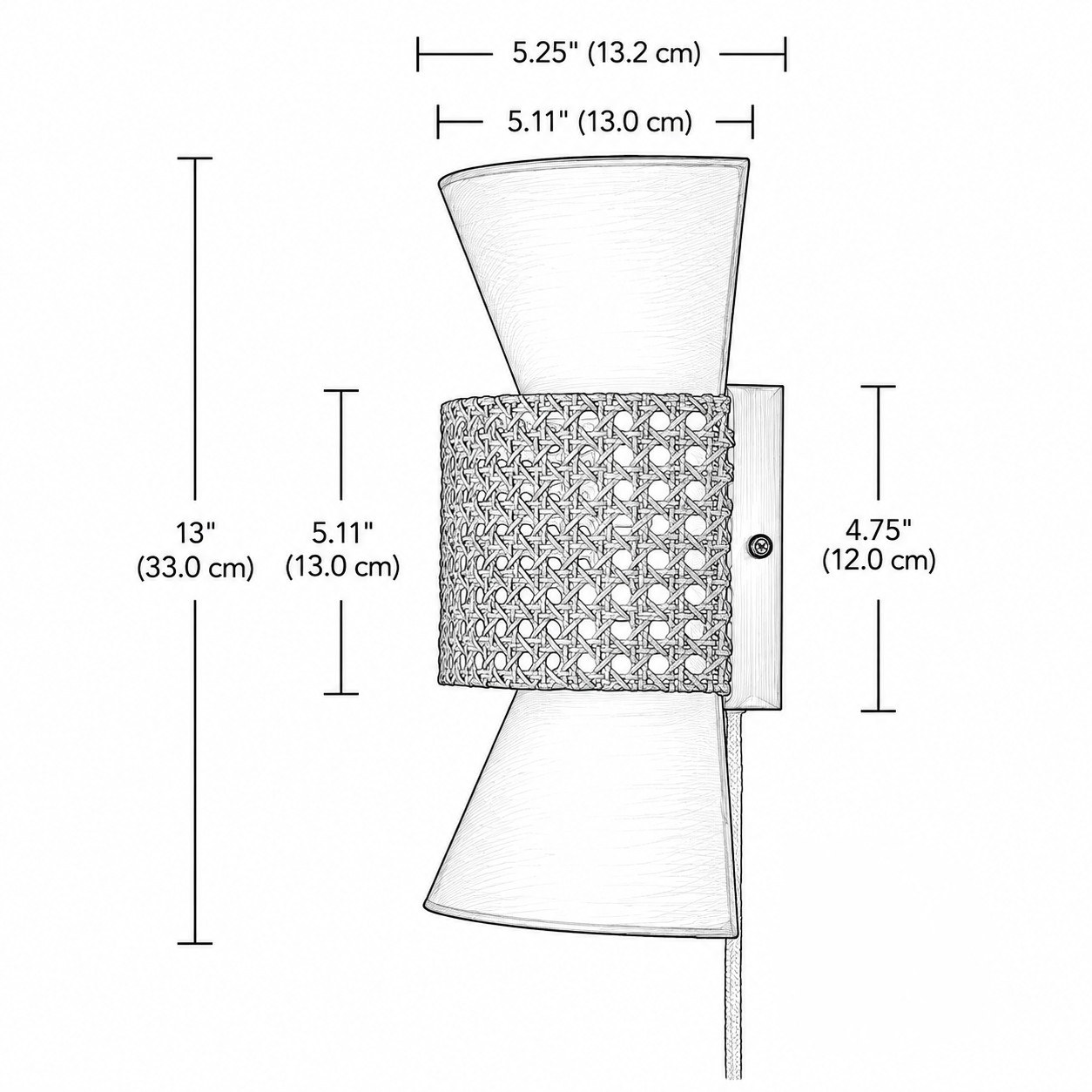 Rattan wall light dimensions, 13 inches high with shade widths of 5.25 and 5.11 inches