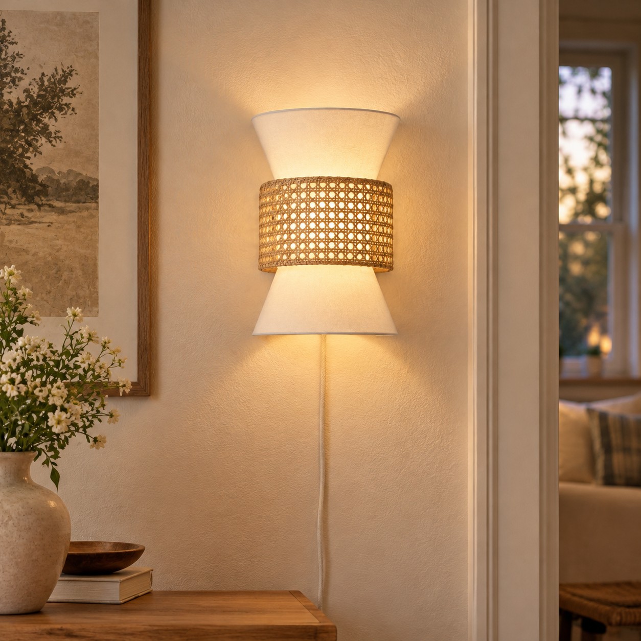Lit rattan wall light casting a warm glow in an evening hallway