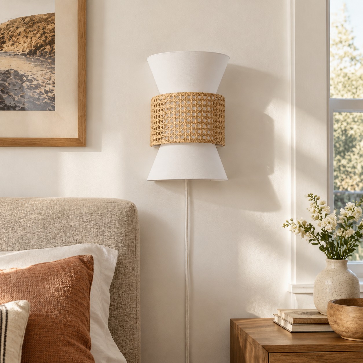 Rattan and fabric wall light beside a bed and nightstand