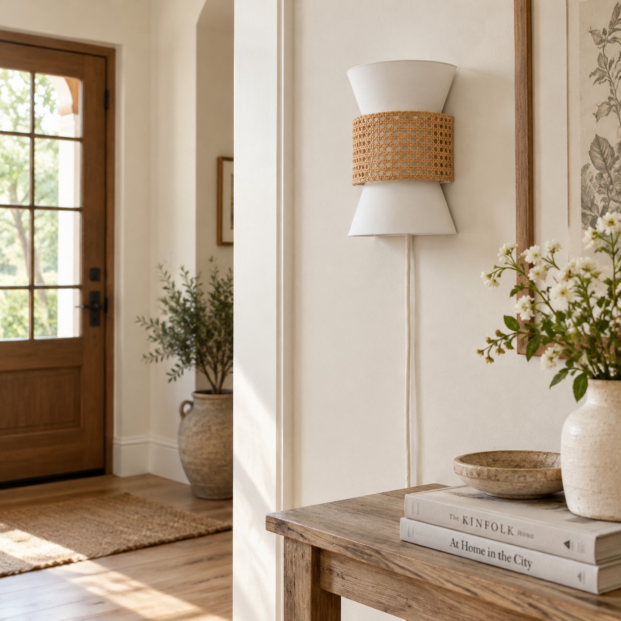 Rattan wall light above a console in a bright entry hallway