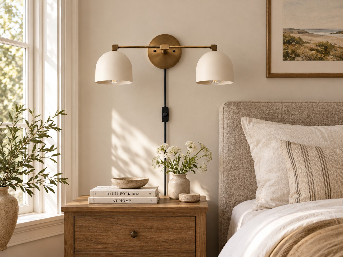White metal domes and antique brass bar switched off beside a bed
