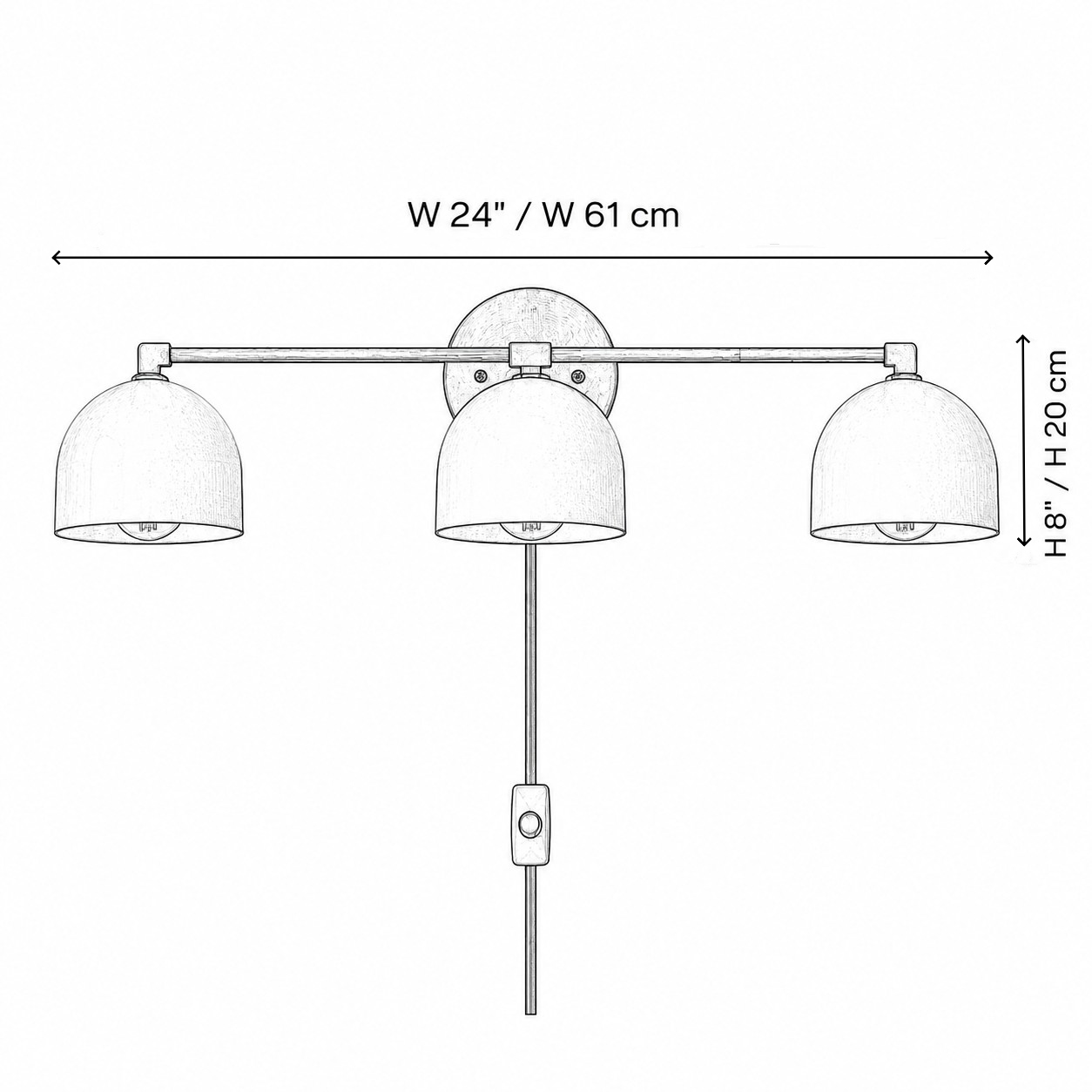 Dimension drawing of the 3-head bar, 24 inches wide and 8 inches high