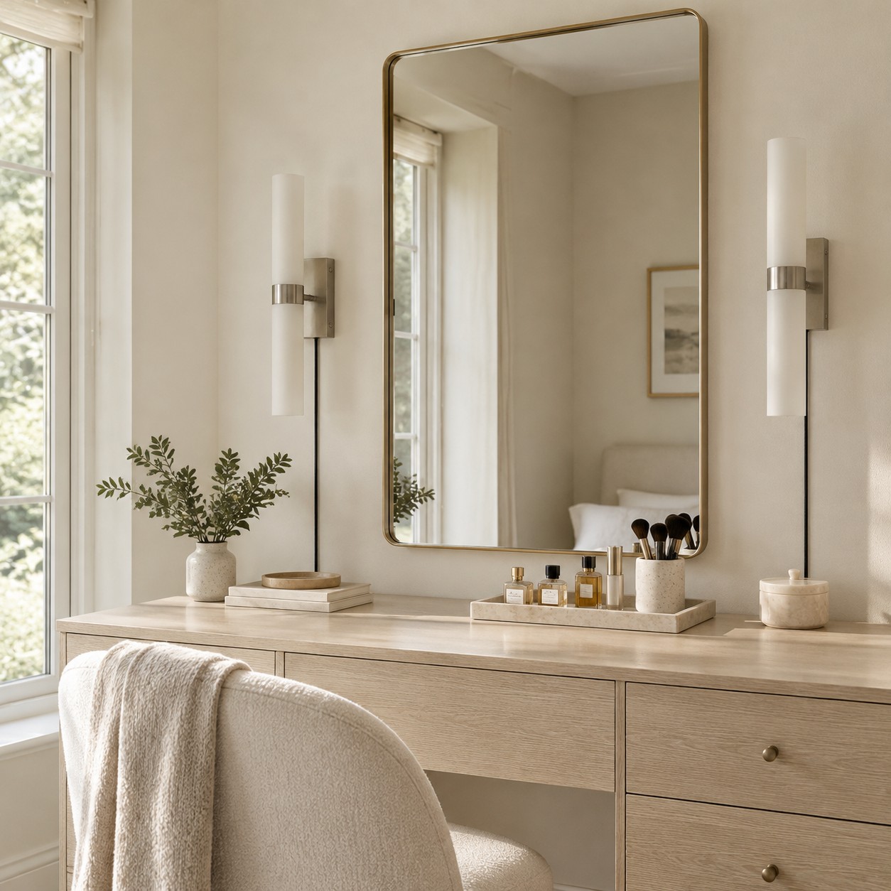 Due applique a tubo chiaro non illuminate, con fasce metalliche fredde, fiancheggiano uno specchio da trucco con cornice in ottone.