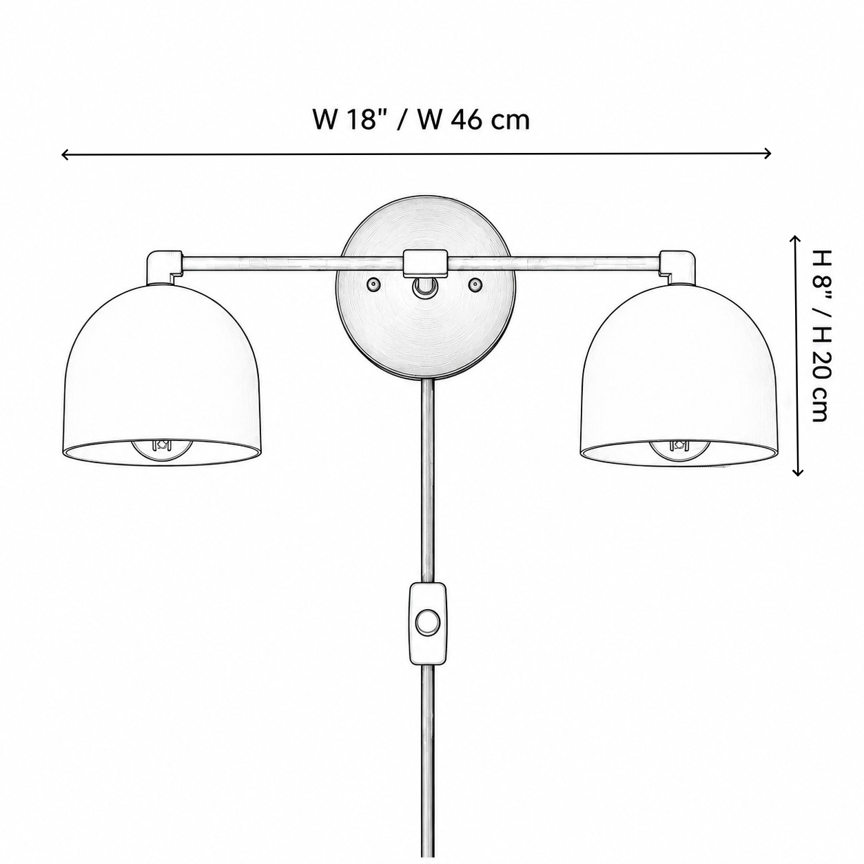 Dimension drawing of the 2-head bar, 18 inches wide and 8 inches high