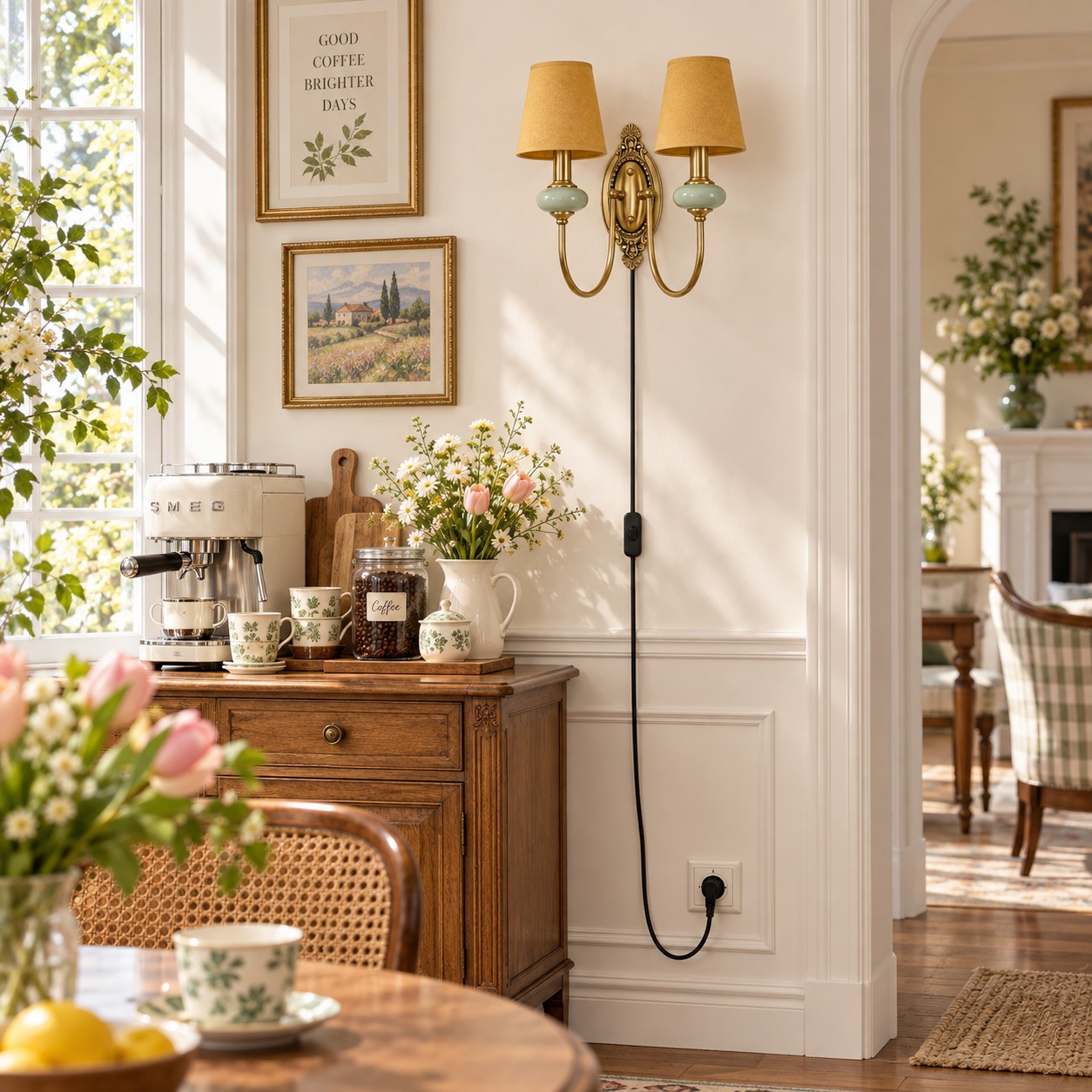 Rowanea applique a doppia testa sopra una credenza da pranzo
