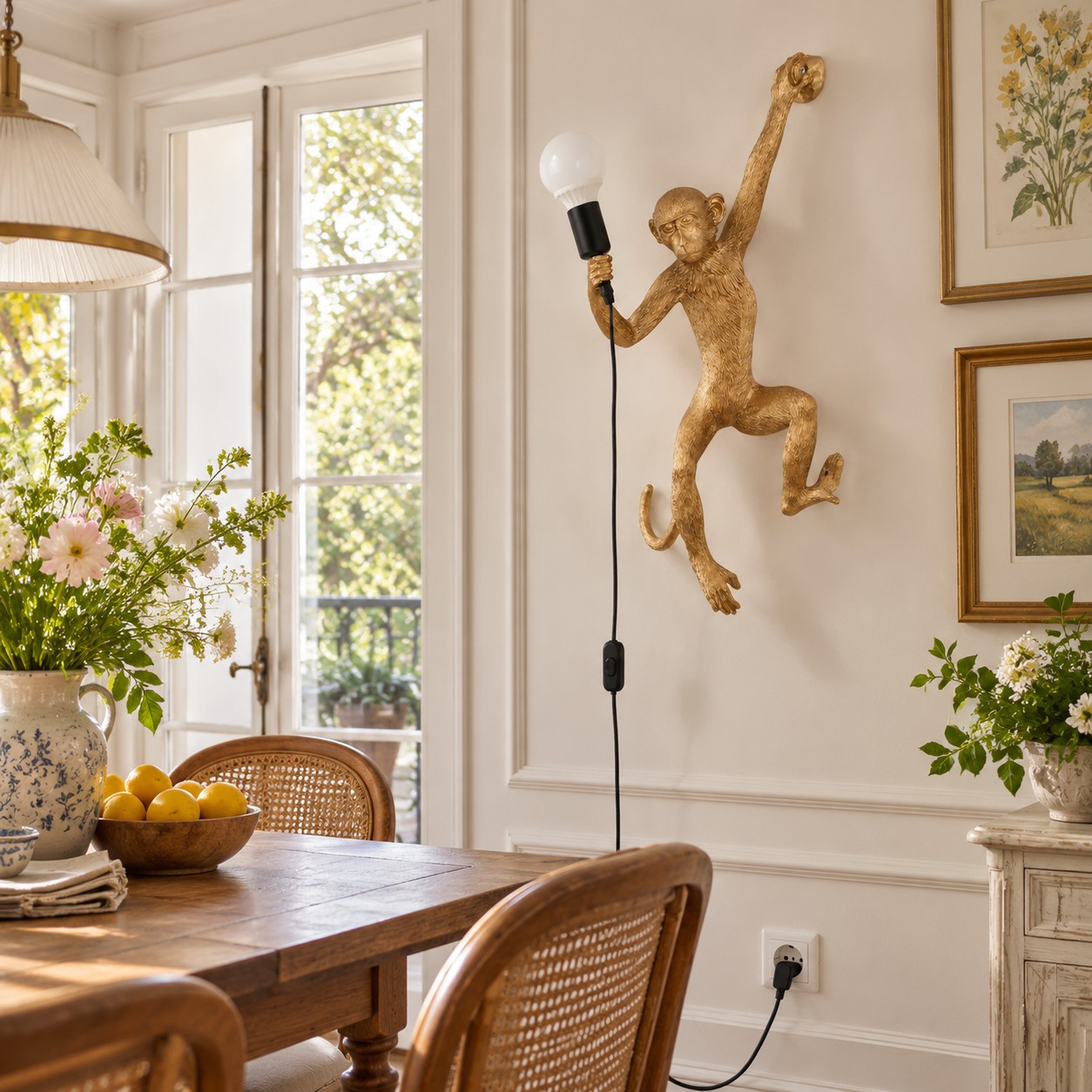 Lampada da parete a forma di scimmia in una sala da pranzo
