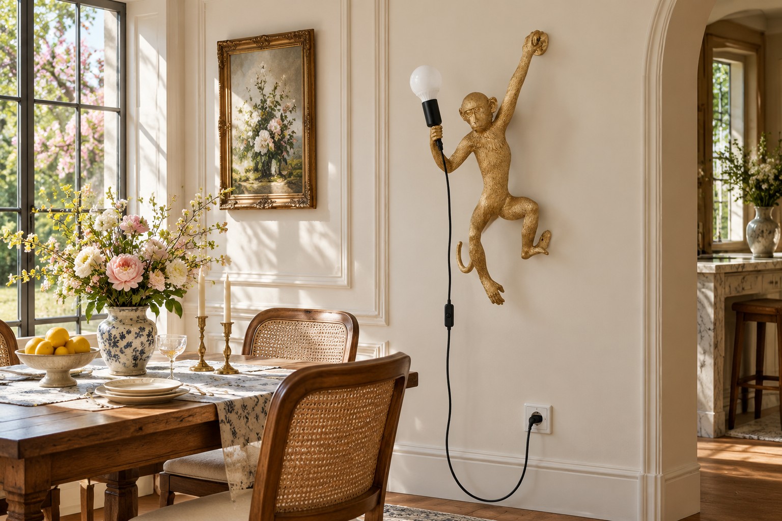 Lampada da parete con scimmia in resina dorata in una sala da pranzo, luce spenta