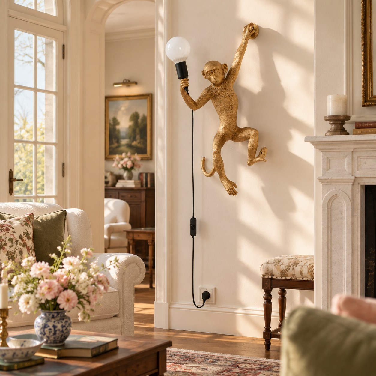 Lampada da parete a forma di scimmia accanto al caminetto del soggiorno
