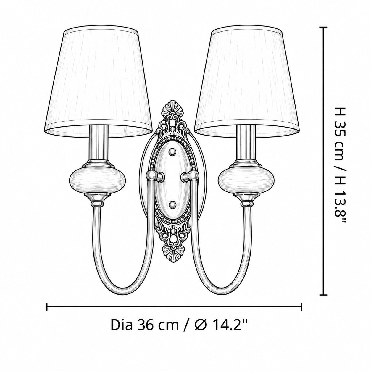 Diagramma delle dimensioni di 2 teste Dia 36 cm × H 35 cm