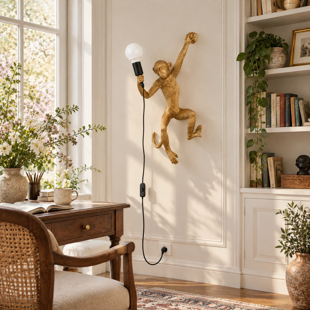 Lampada da parete a forma di scimmia sopra una scrivania