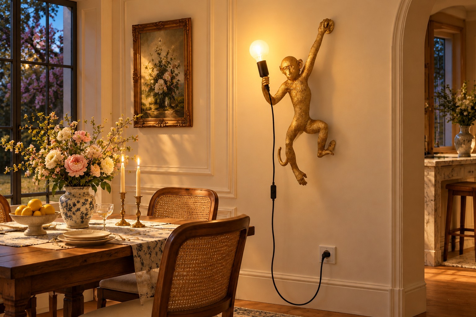 Lampada da parete con scimmia in resina dorata che brilla in una sala da pranzo
