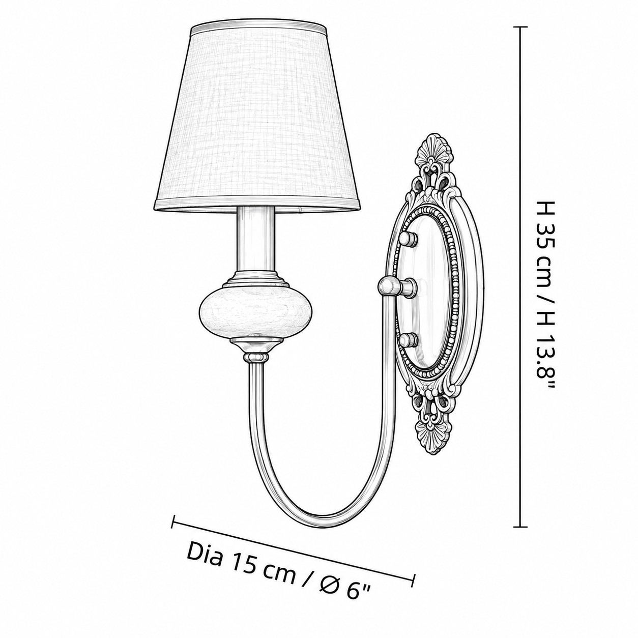 1 Schema delle dimensioni della testa Dia 15 cm × H 35 cm