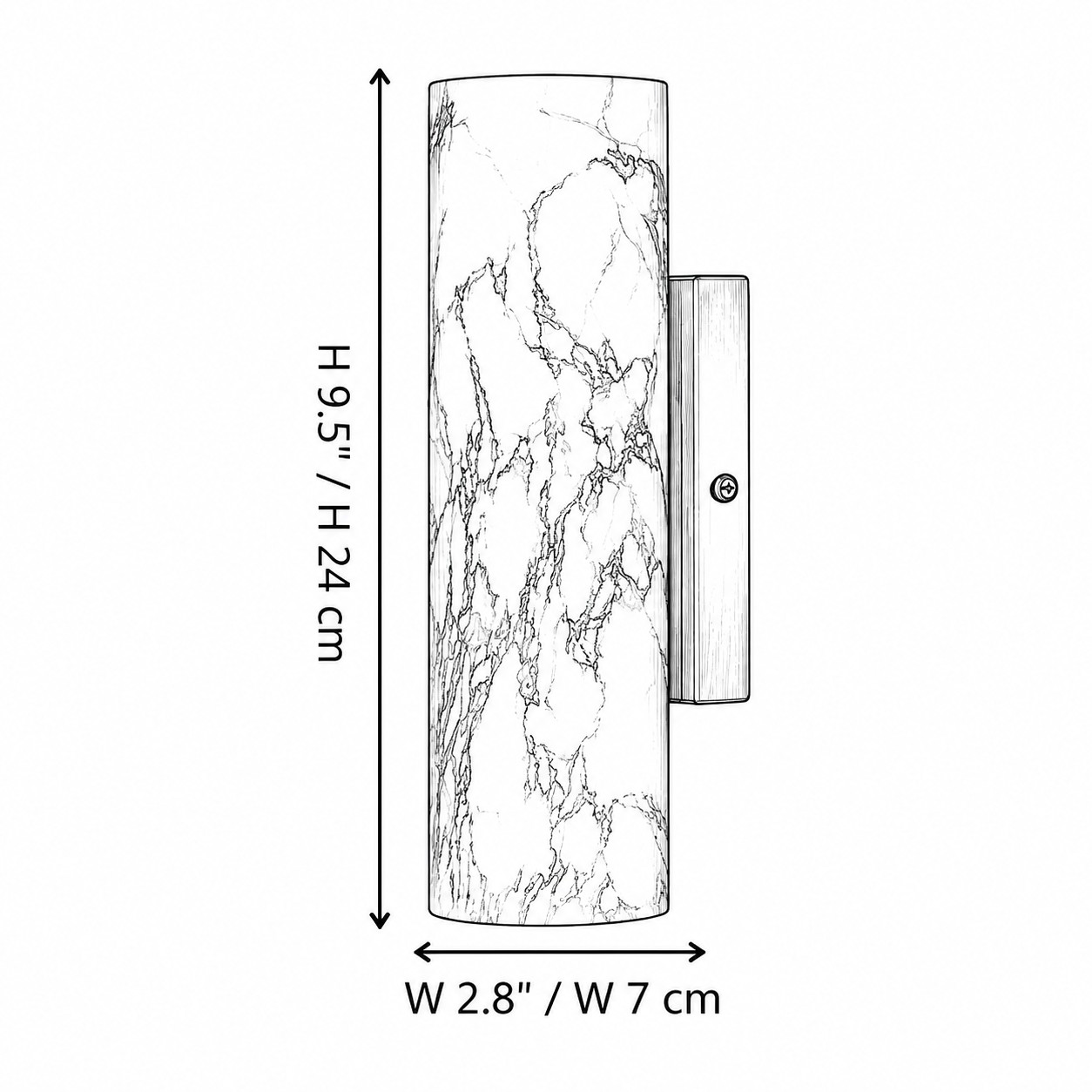 Diagramma delle dimensioni di Calacatta, L 2,8 pollici per H 9,5 pollici
