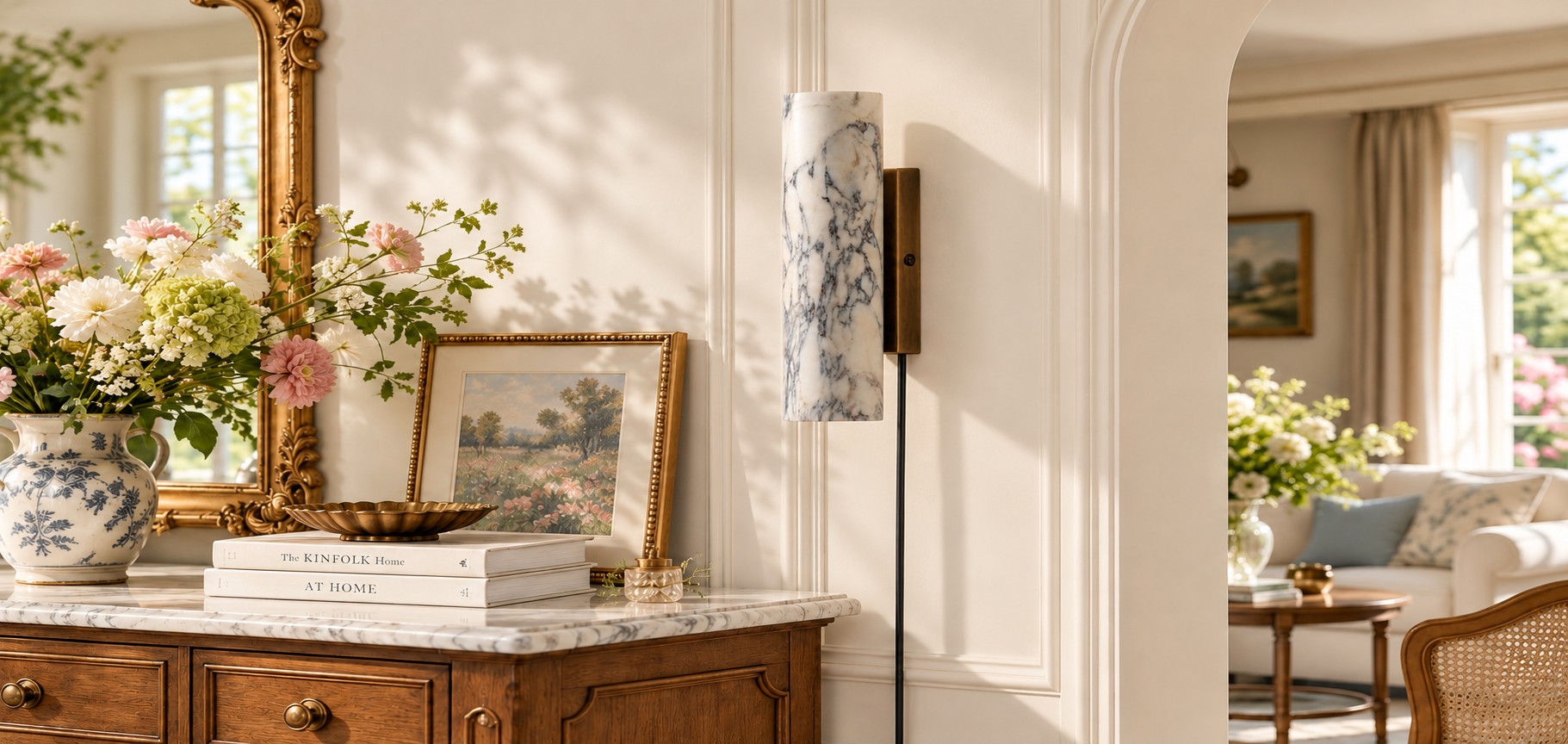 Applique in tubo di marmo Calacatta accanto a una console e ad un arco