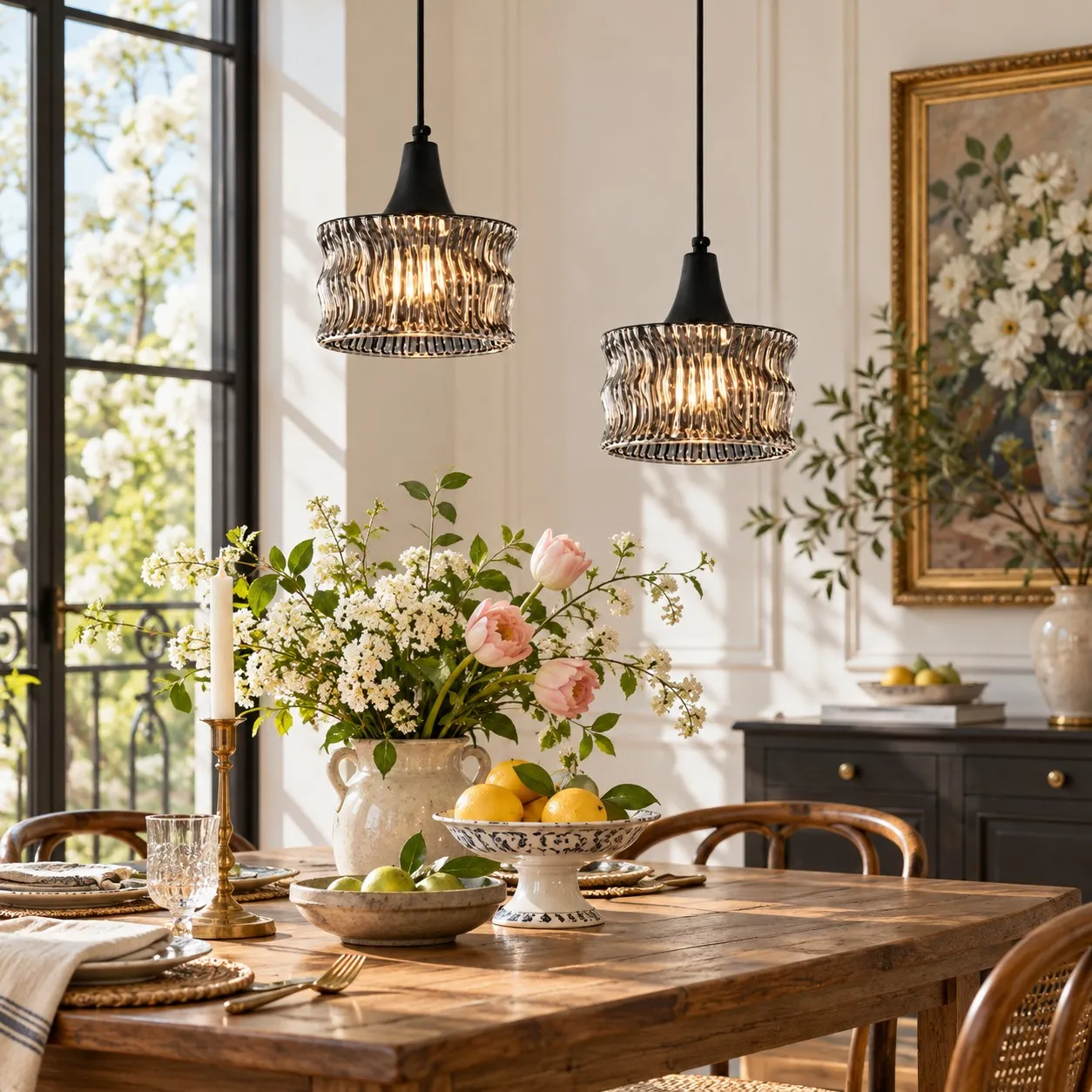 Suspension en laiton et verre style Wabi-Sabi dans un cadre intérieur
