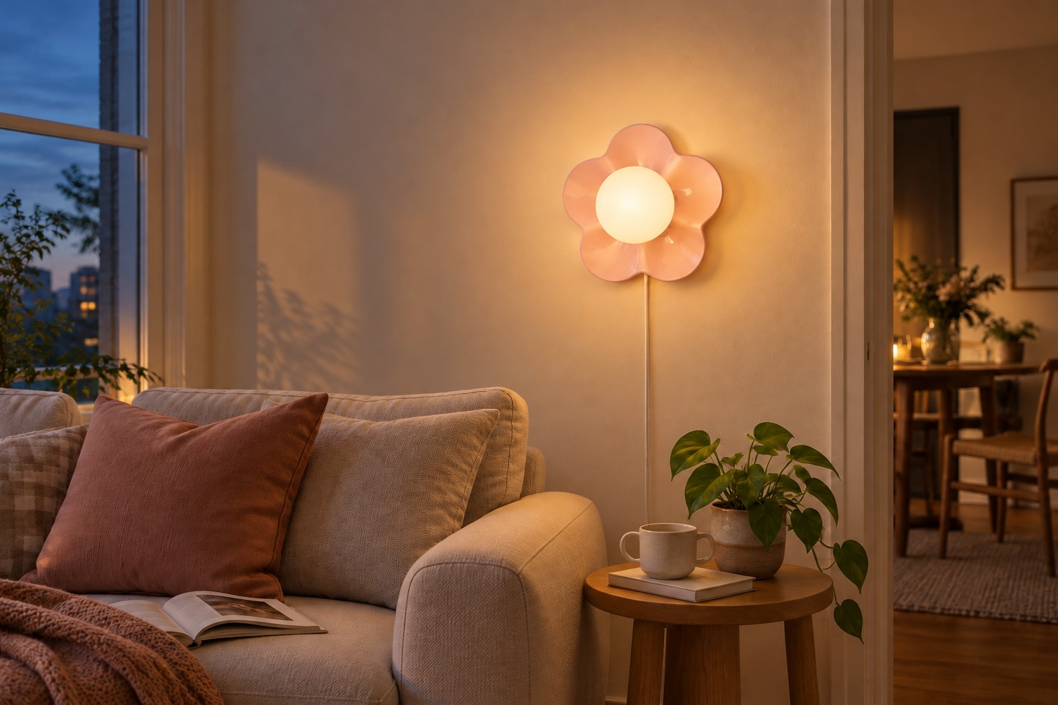 Lámpara de pared enchufable de resina con forma de flor, encendida