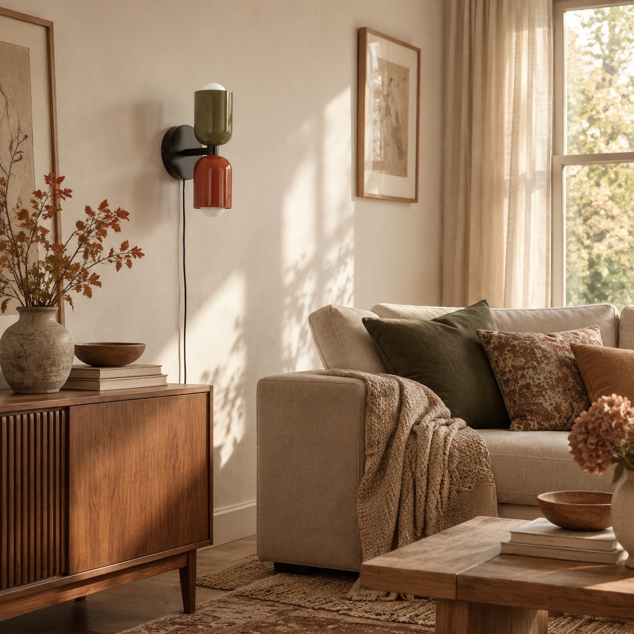Couleur Double Plug-In Wall Lamp in a green and red colour combination in a living room