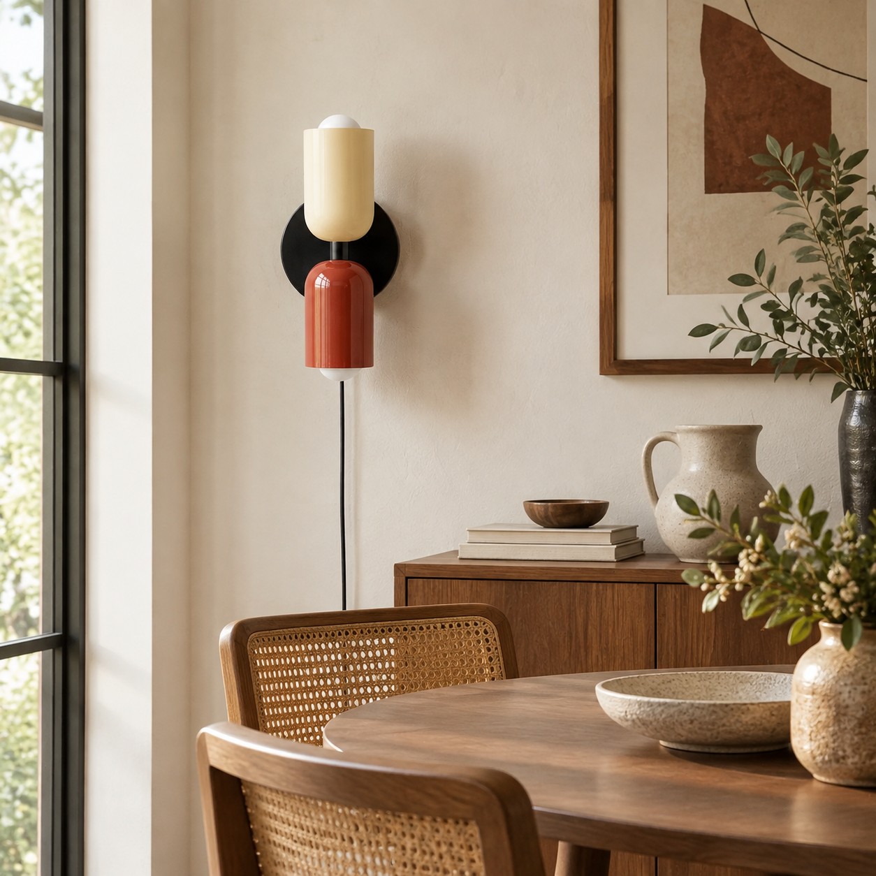 Couleur Double Plug-In Wall Lamp in a beige and red colour combination beside a dining table