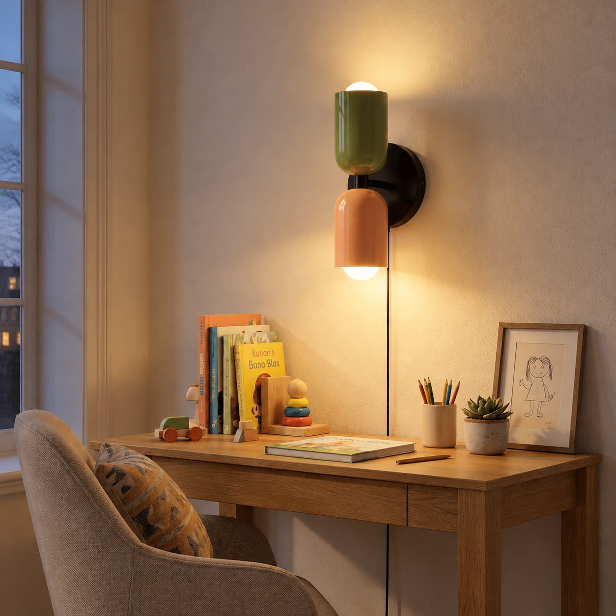 Couleur Double Plug-In Wall Lamp switched on with an upward and downward glow