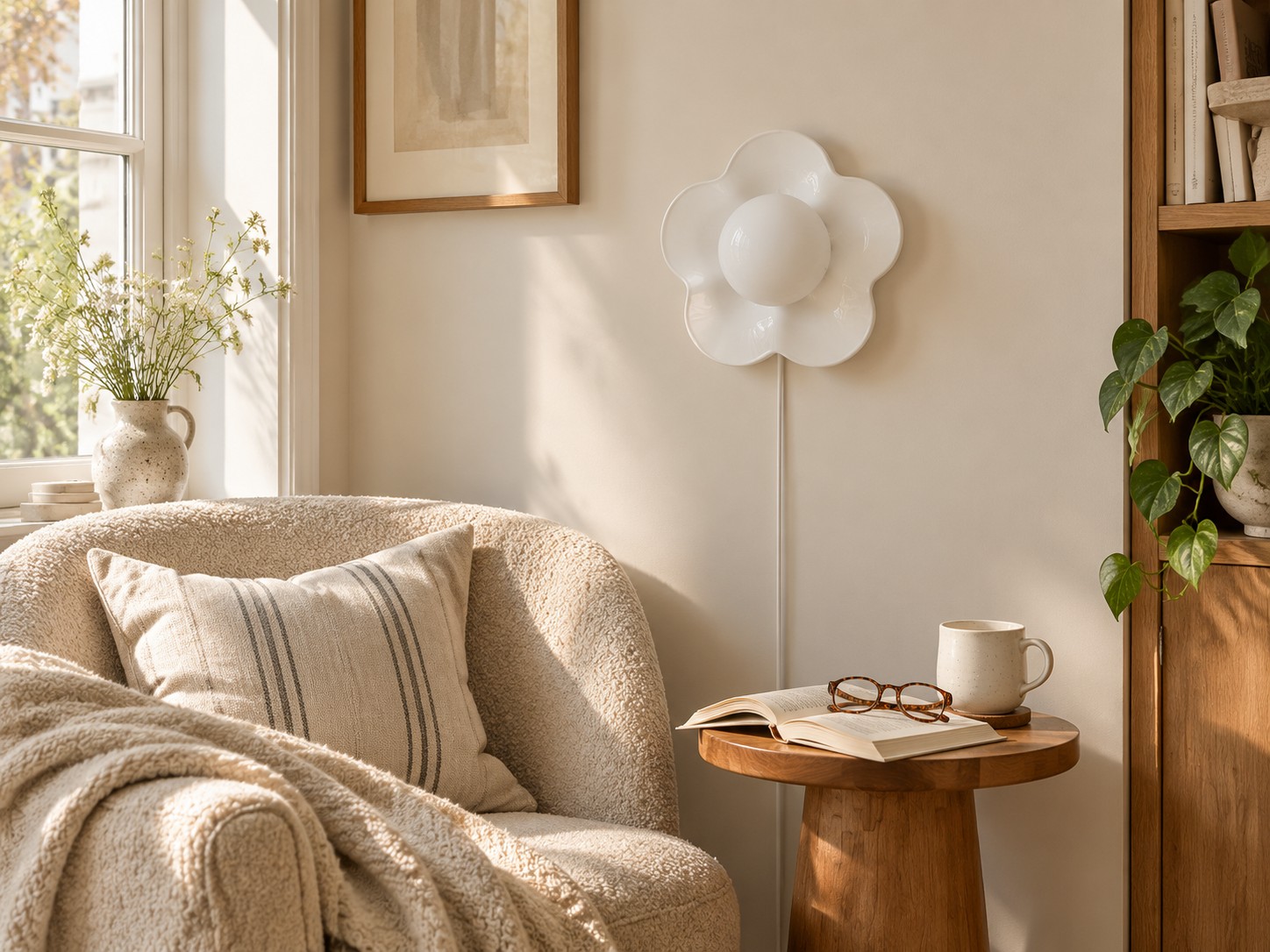 Rincón de lectura: Una lámpara con forma de flor blanca junto a una silla cómoda.