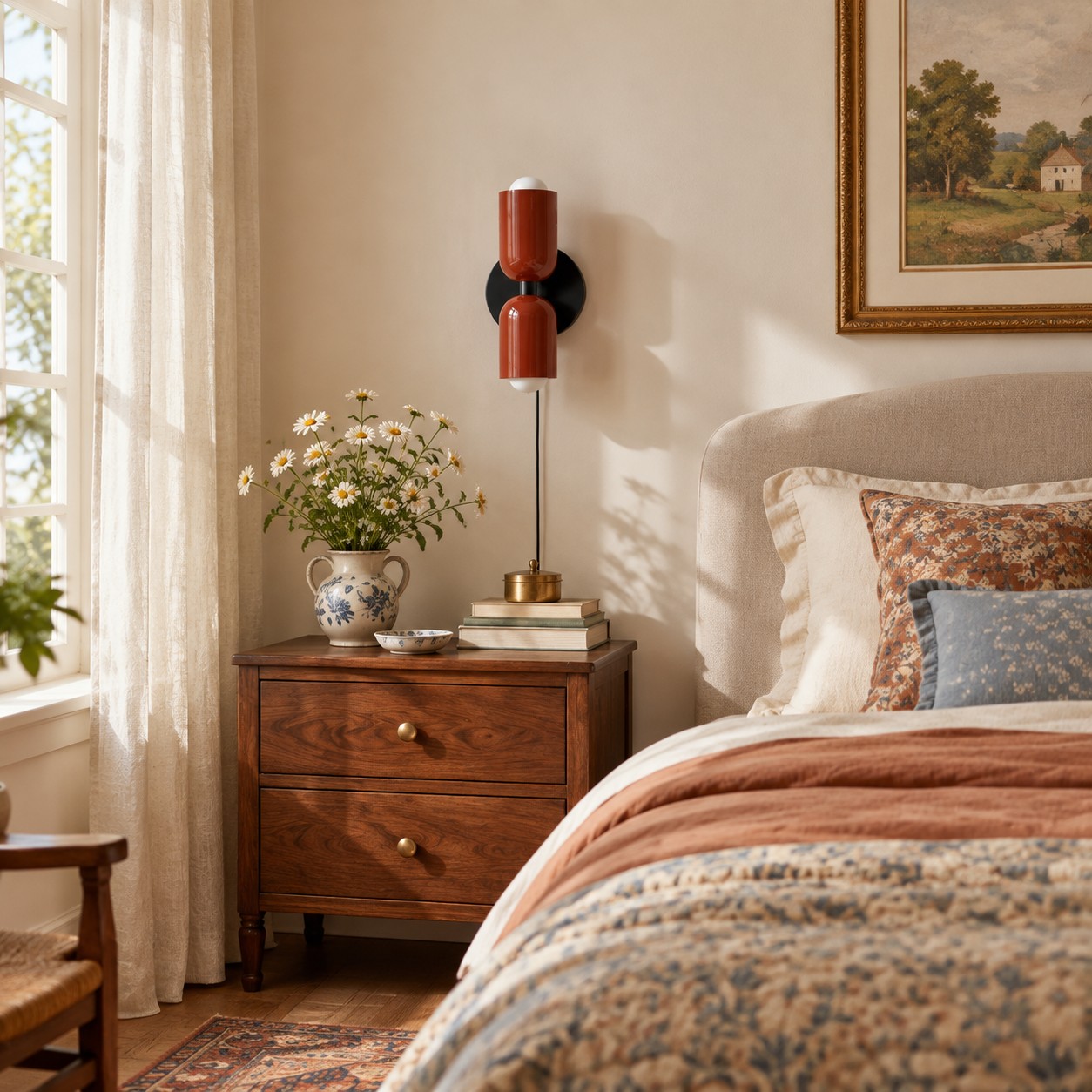 Couleur Double Plug-In Wall Lamp in a red colour combination beside a bed