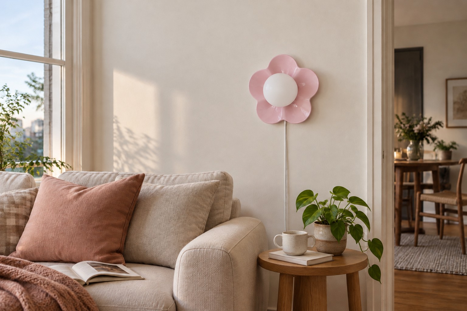 Lámpara de pared enchufable de resina con forma de flor, apagada.