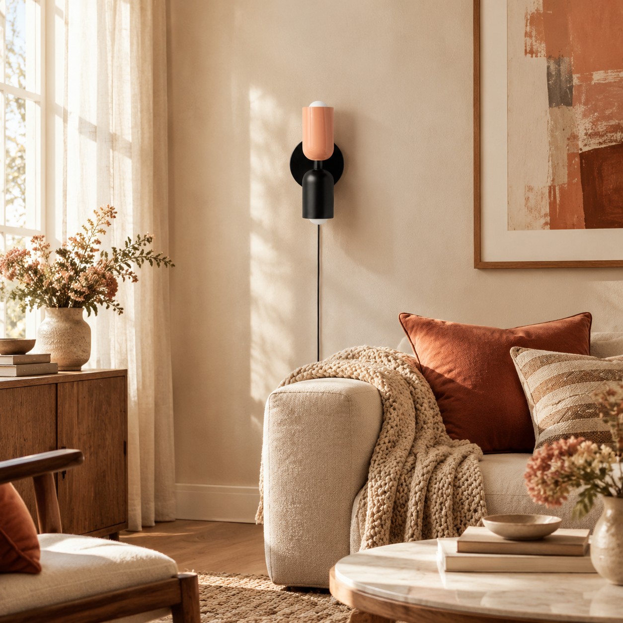 Couleur Double Plug-In Wall Lamp in pink and black beside a living room sofa