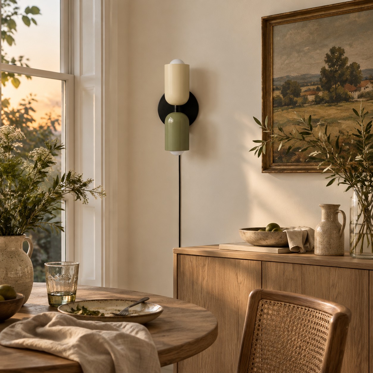 Couleur Double Plug-In Wall Lamp in beige and green beside a dining room sideboard