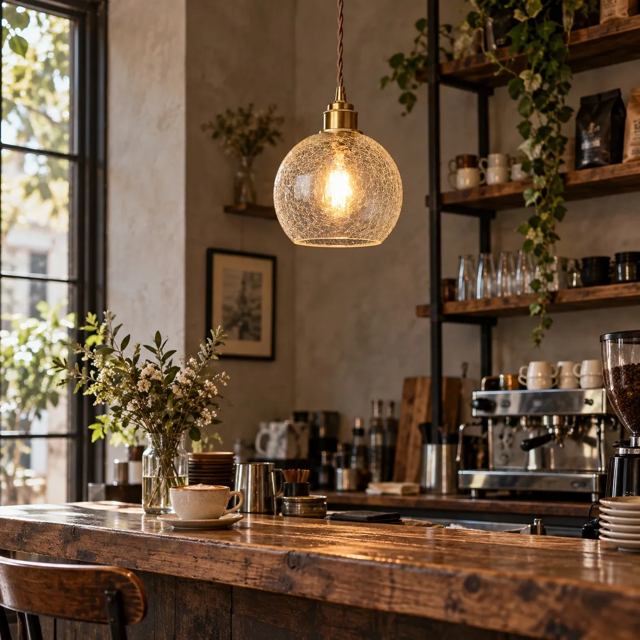 Suspension en verre craquelé dans un cadre intérieur
