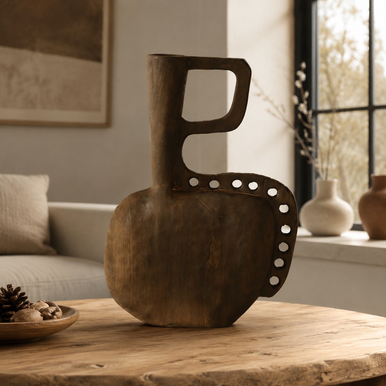 Hand-Carved Solid Wood Sculptural Vase - styled interior