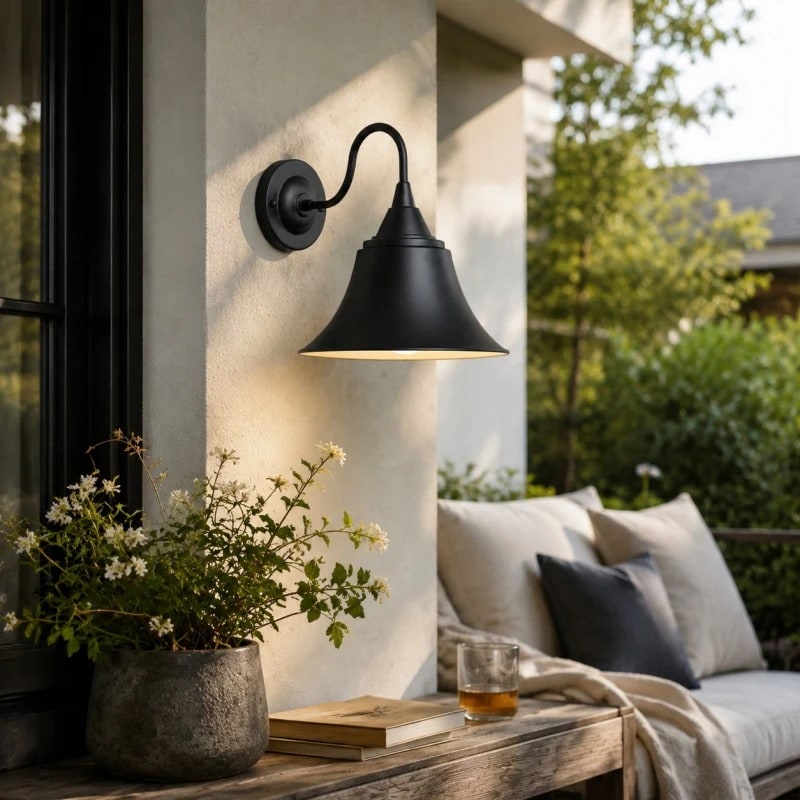 Black outdoor wall sconce mounted beside a patio seating area