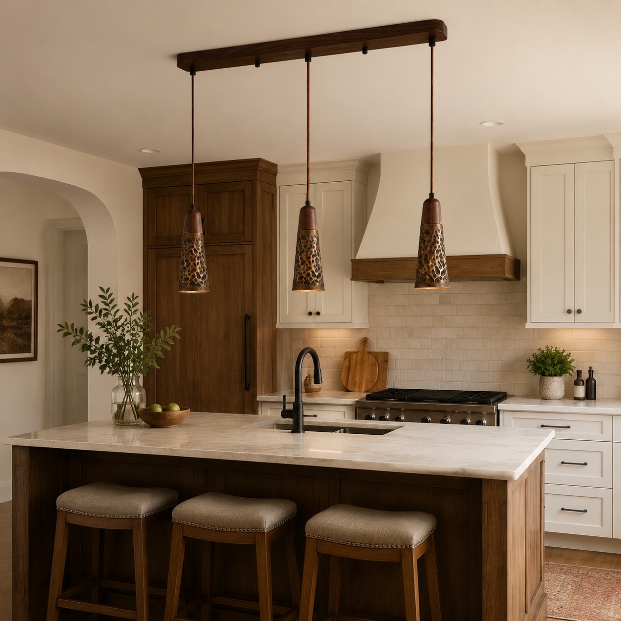 Hammered copper pendant lights over a dining table