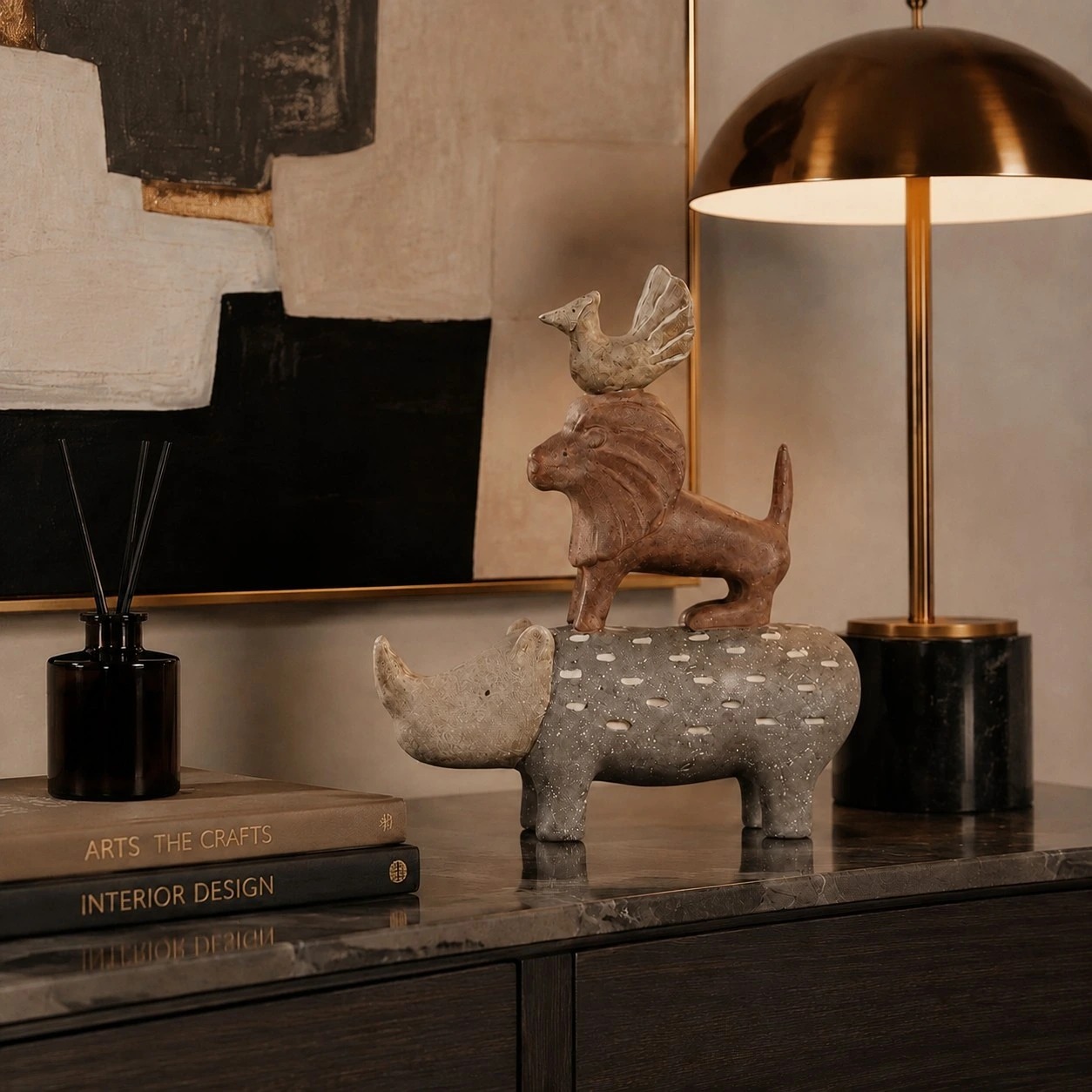 Qilin animal sculpture styled on a console table