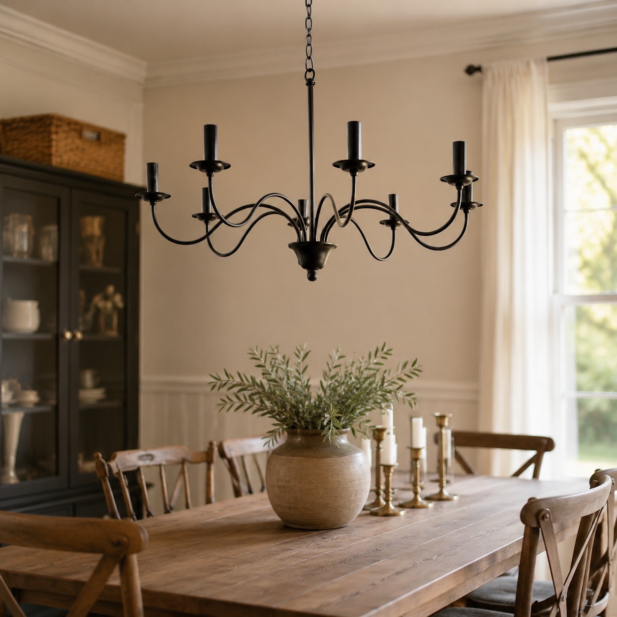 Black iron candle-style chandelier above a warm dining table